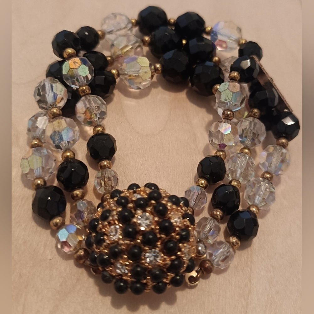 Elegant Black and Crystal Beaded Multi-Strand Bracelet - Unbranded